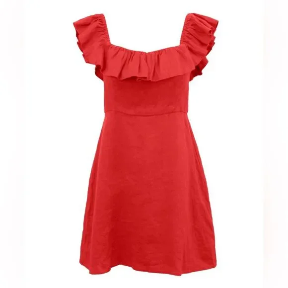 HONORINE Fluter Sleeve Cotton and Linen Blend Mini Dress in Orange Red M - Picture 2 of 10